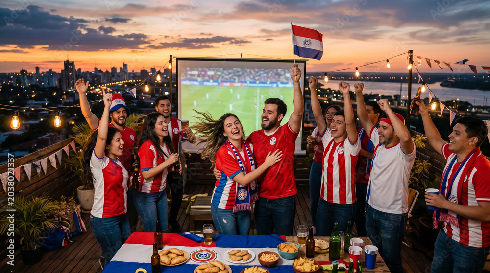 Fototapeta premium Hinchas paraguayos celebrando en terraza al atardecer
