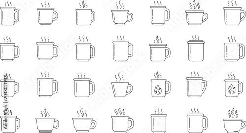 Set of black and white hot beverage mugs with steam and flames