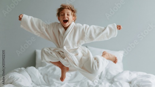 Cheerful boy in white bathrobe jumping on bed.