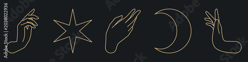Minimalist vector of hands, star, and moon in gold outlines on a dark background.