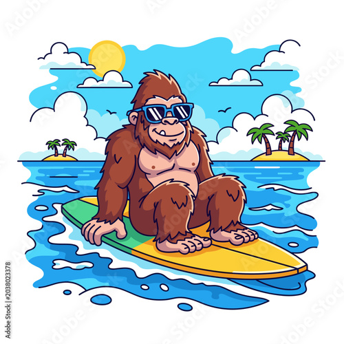 Cool Sasquatch Surfing in Tropical Ocean wearing Sunglasses Cartoon Beach Illustration