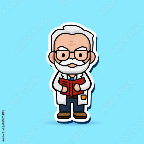 Cute cartoon professor with glasses and beard holding book, flat vector teacher sticker on blue background