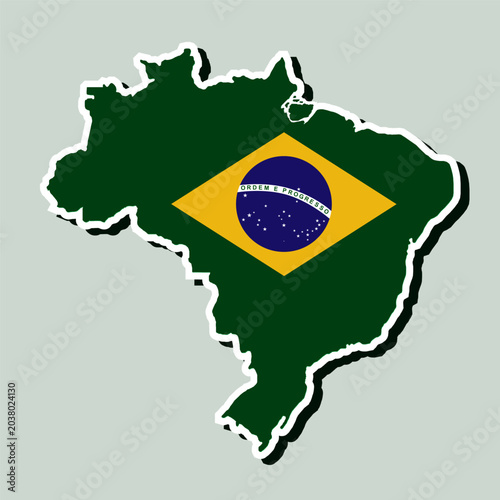 Brazil map sticker with national flag design, flat vector illustration on gray background