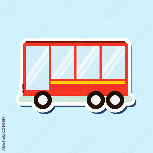 Red flat vector bus sticker with yellow stripe on light blue background, simple transportation icon