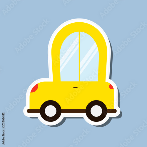 Cute yellow cartoon car sticker with arched roof on blue background, flat vector illustration