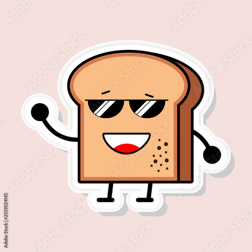 Cute cartoon bread slice with sunglasses and smile, flat vector sticker on pink background
