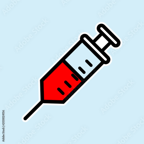 Flat vector syringe icon with red liquid on light blue background, medical illustration sticker
