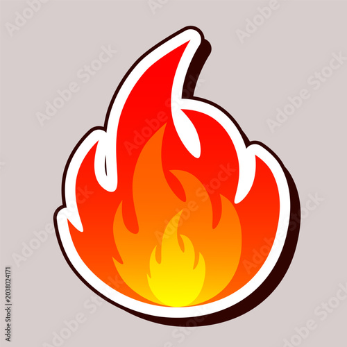 Cartoon flame sticker with red orange yellow gradient, flat vector illustration on gray background