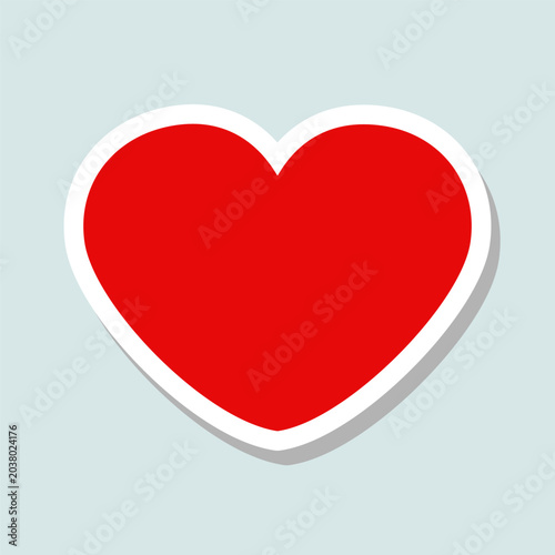 Red heart sticker with white outline and shadow on light gray background, flat vector design