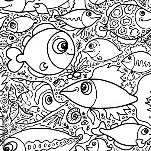 seamless pattern with fishes black and white background fabric fashion design allover print wrapping paper digital illustration art texture textile wallpaper coloring book apparel image 