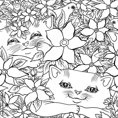 seamless pattern with cats and flowers black and white image background wallpaper fabric fashion allover design print wrapping paper digital illustration art texture textile wallpaper coloring book ap