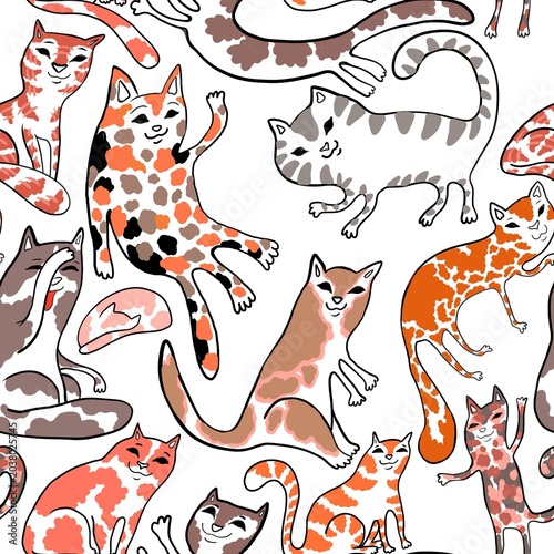 set of animals cartoon cats and kittens seamless abstract pattern background fabric fashion design allover print wrapping paper digital illustration art texture textile wallpaper colorful apparel imag