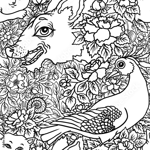 bird on a branch werewolf and peonies black and white seamless abstract pattern background fabric fashion design allover print wrapping paper digital illustration art texture textile wallpaper colorin