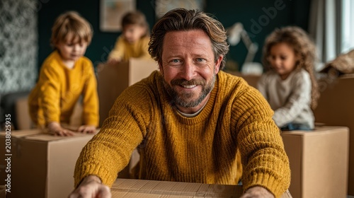 Caucasian father in yellow sweater assembling furniture with children