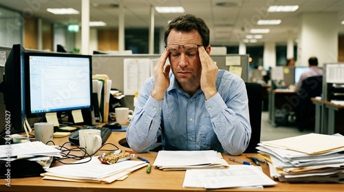 Stressed Office Worker Massaging Temples at Cluttered Desk - Employee Burnout Fatigue Overwork Concept