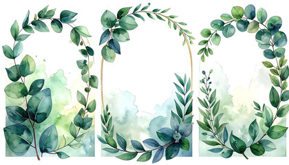 Set of three watercolor eucalyptus branches forming decorative frames with green leaves and abstract washes, ideal for invitations or wedding design