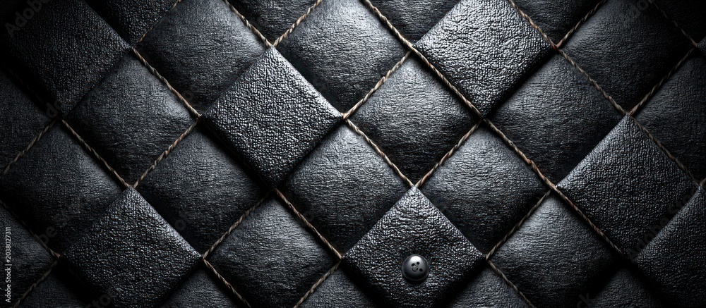 Fototapeta premium Close-up of black, textured, quilted surface with diamond pattern and button. Focus is on detail