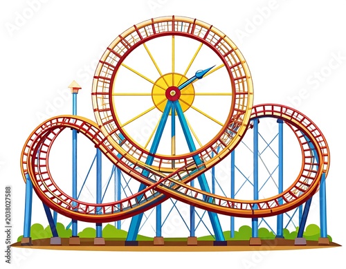 Colorful roller coaster with a large Ferris wheel