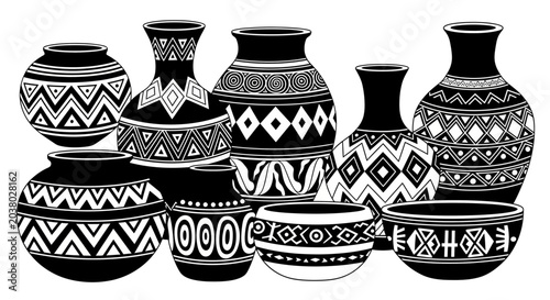 Εκτύπωση καμβά Collection of African Tribal Pottery Vases and Bowls with Geometric Patterns