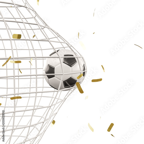 soccer ball hitting goal net, football score moment with gold confetti