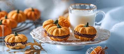 A plate of pumpkin-shaped sandwich cookies filled with chocolate cream, accompanied by a glass of milk and autumnal decorations on a light blue surface