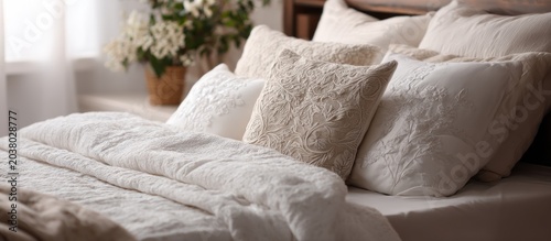 Plush bed with textured pillows and blanket in soft, neutral tones