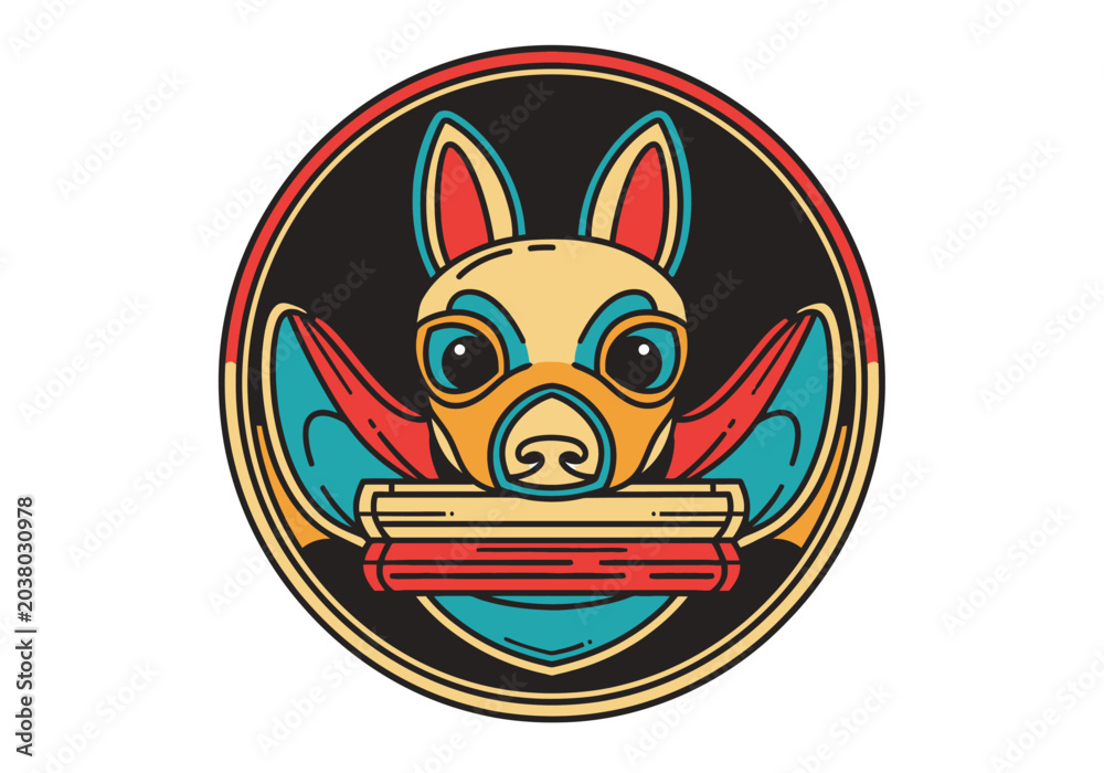 Fototapeta premium A stylized circular emblem featuring a cartoon-like bat character with large eyes and outstretched wings, holding a thin, rectangular object in its mouth