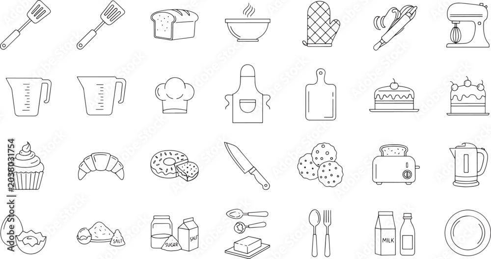 Fototapeta premium Collection of black line baking and cooking on white background kitchen food ingredients