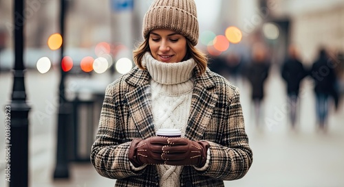 Woman in Winter Clothing Using Smartphone on City Street.