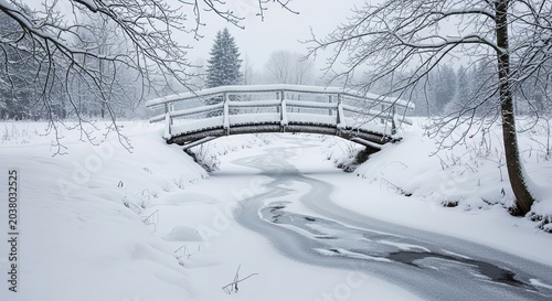 Snowy Winter Landscape with a Wooden Bridge Over a Frozen Stream.