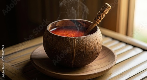 Steaming Hot Beverage in Coconut Shell Cup with Wooden Spoon.