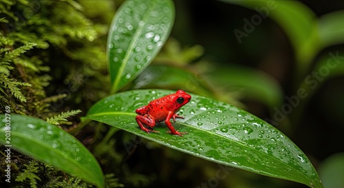 Tiny Red Frog Perched on a Dew-Kissed Green Leaf in Rainforest.
