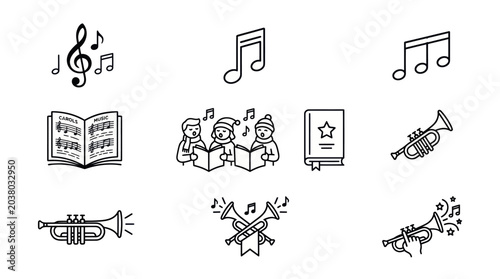 Tableau sur toile Black line art holiday music and carol icons.