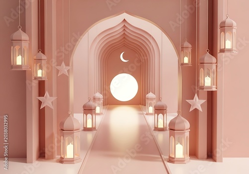 Islamic mosque entrance with crescent moon and lanterns