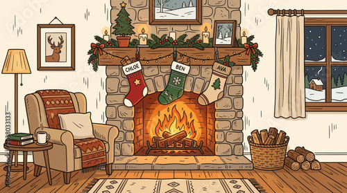 Foto Cozy living room interior with fireplace and Christmas tree.