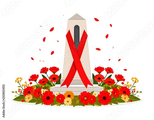 Commemorative monument, adorned with red ribbons and flowers, symbolizing remembrance