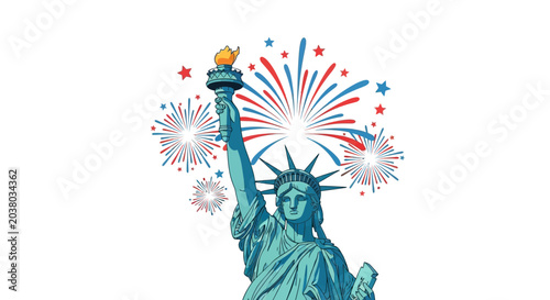 Statue of Liberty with Red and Blue Fireworks Celebration