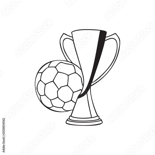 Minimalist black and white line art of a soccer ball beside a championship trophy, symbolizing victory and achievement in football tournaments.