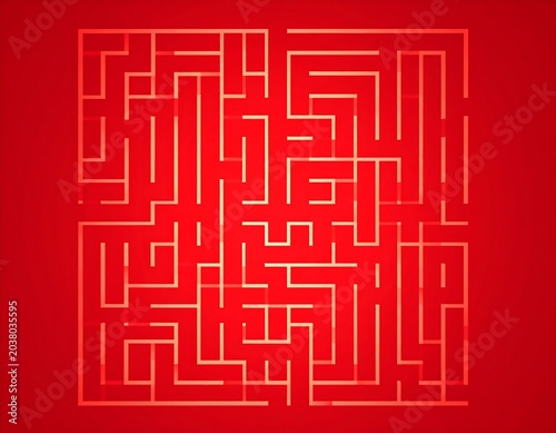 Complex, square maze on a red background.  Light gold/tan lines.  Intricate pathways