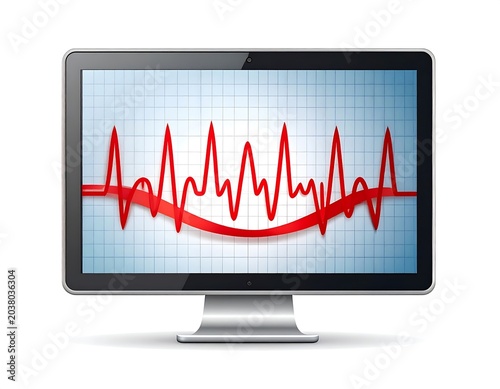Computer monitor displaying a red electrocardiogram (ECG) tracing