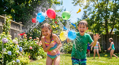Children who feel fun and cool by playing water balloons in hot weather.