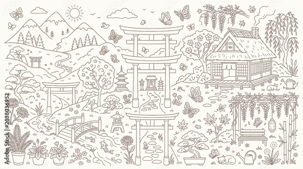 Fototapeta premium Charming Japanese Garden Landscape with Torii Gates, Traditional House, and Butterflies.