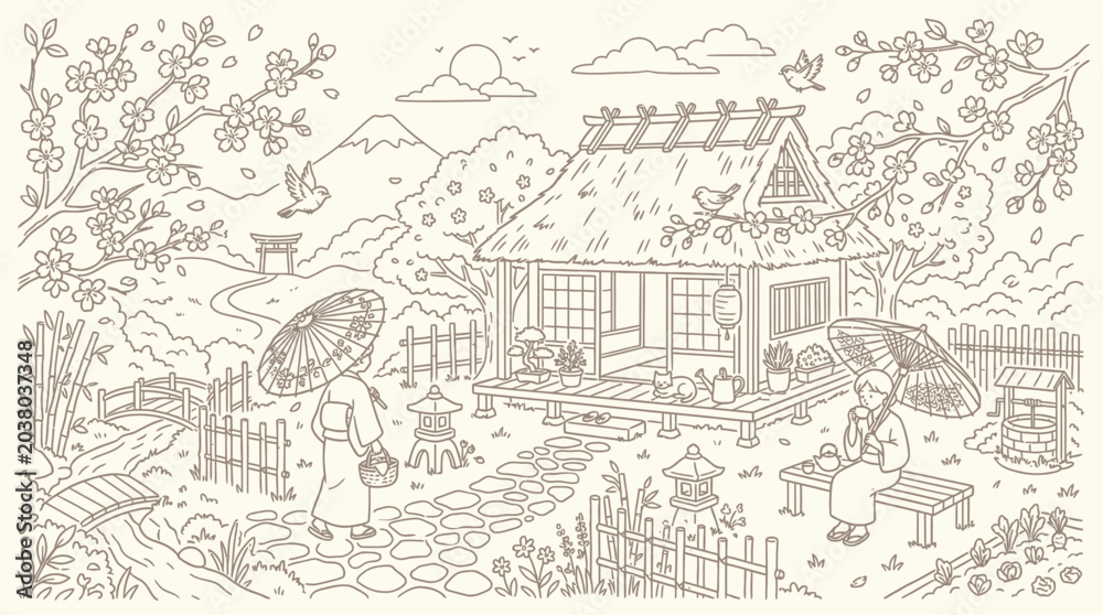 Obraz premium Idyllic Japanese Village Scene with Traditional House, Cherry Blossoms, and Mount Fuji in the Background.