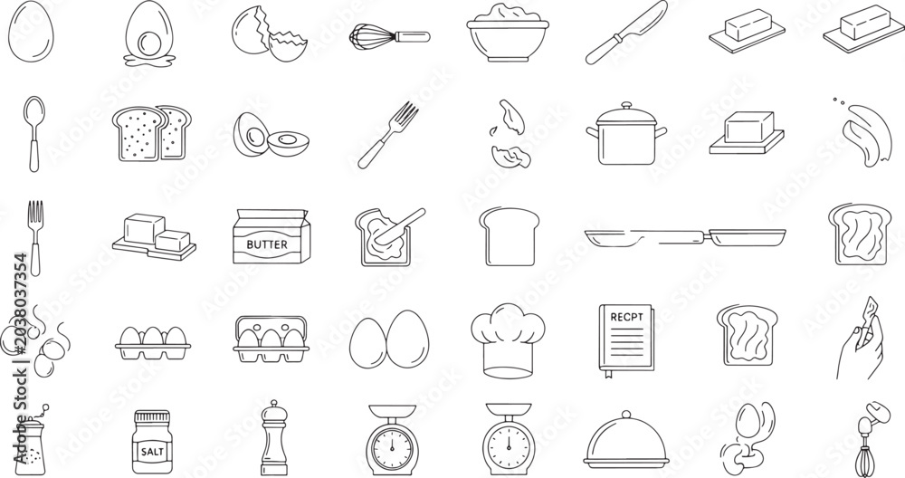 Fototapeta premium Collection of line for cooking and breakfast food preparation fried egg cracked egg whisk bowl