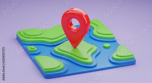 3D map pin icon on a topographic landscape map illustration.