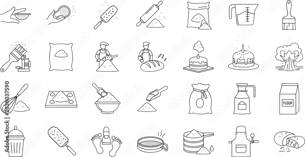 Fototapeta premium Baking and cooking with flour ingredients and tools line