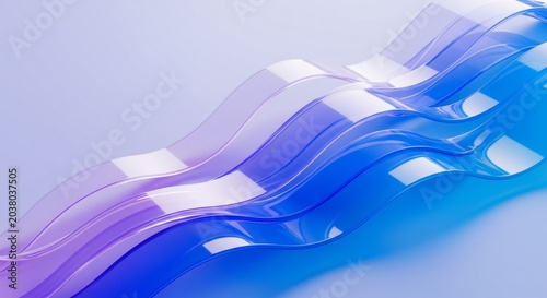 Abstract blue and purple translucent wavy glass layers.