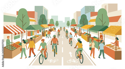 Active mobility A vibrant street scene with people biking and enjoying a local market, promoting healthy lifestyles