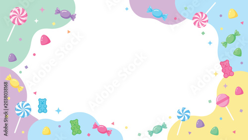 Colorful pastel candy border frame with white center for invitations.