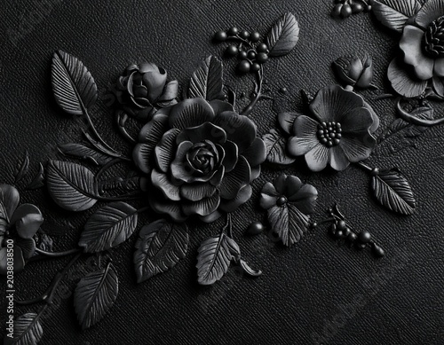 Dark, textured floral design.  Black polymer clay blossoms, leaves, and berries arranged on a black canvas background.  Intricate details
